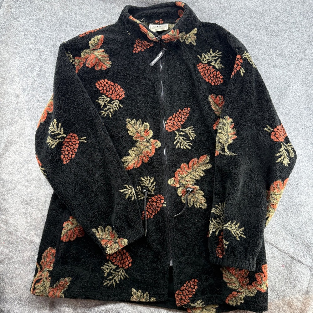 Black Mountain Fleece Jacket 90s XL Black Pinecone Oak Leaf Full Zip Mock Neck - Picture 2 of 16